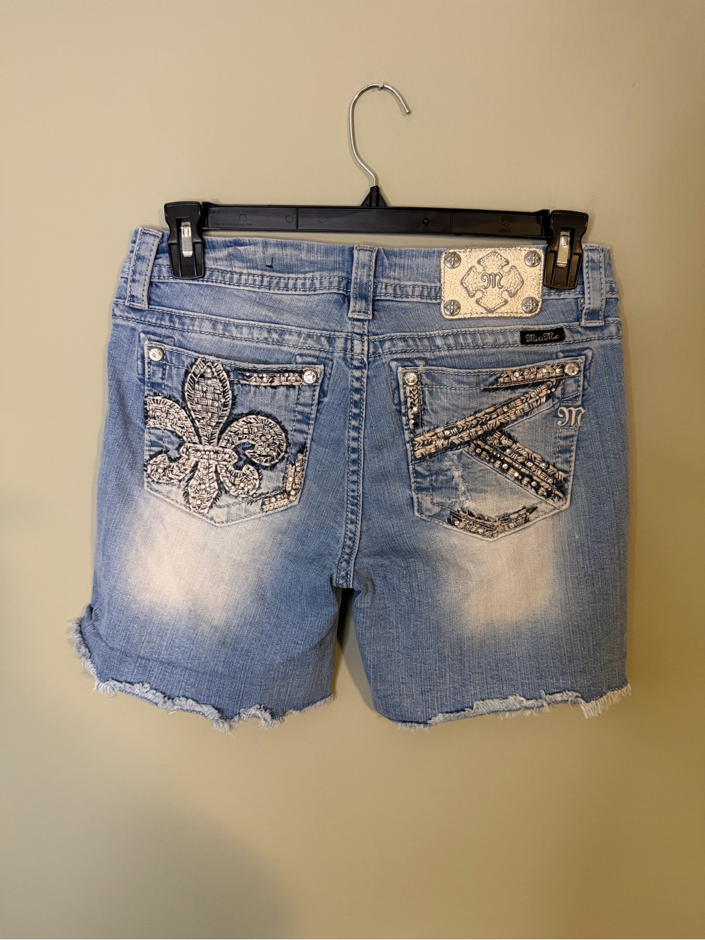 Gorgeous Miss Me Mid-Rise Light Blue Embellished Distressed Shorts 6-1/2” Inseam